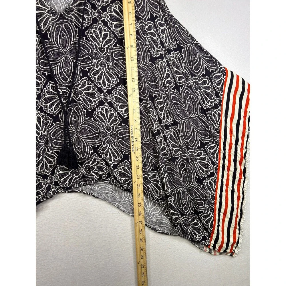Boho Festival Democracy Womens 2X Black White Paisley Striped Tassel Poncho Top - Picture 8 of 12